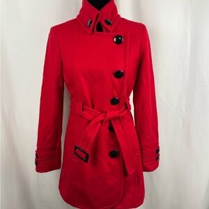 Red Belted Wool Blend Coat | Size Small